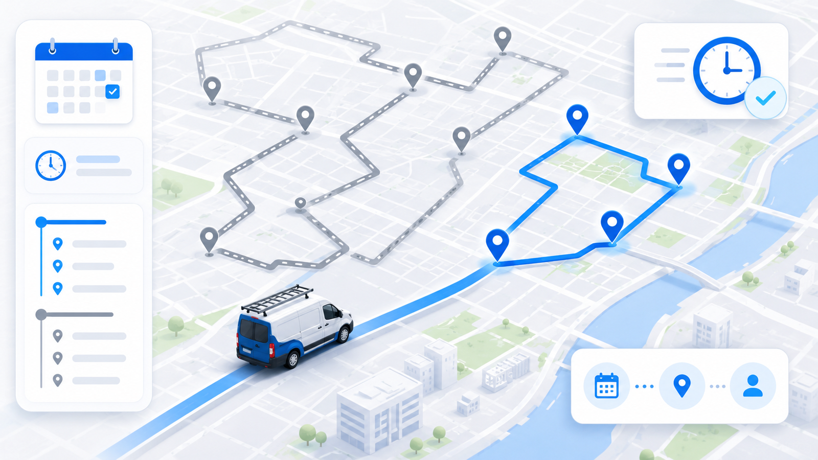 Service business owner using route-aware scheduling software to book nearby appointments and reduce drive time.