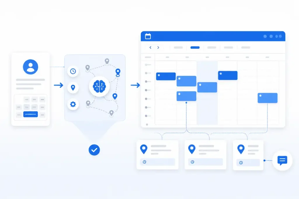 Google Calendar scheduling workflow for a service business showing appointment visibility, route-aware booking decisions, and reminders.