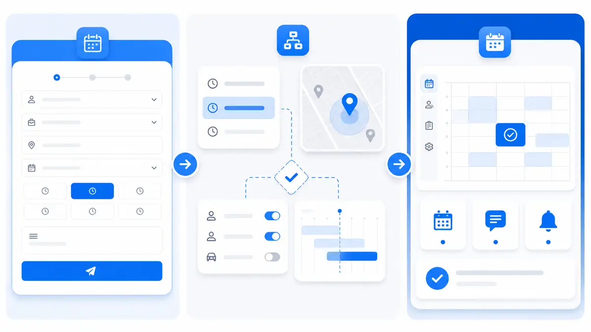 Online booking workflow for a service business showing appointment requests, scheduling, reminders, and calendar visibility.