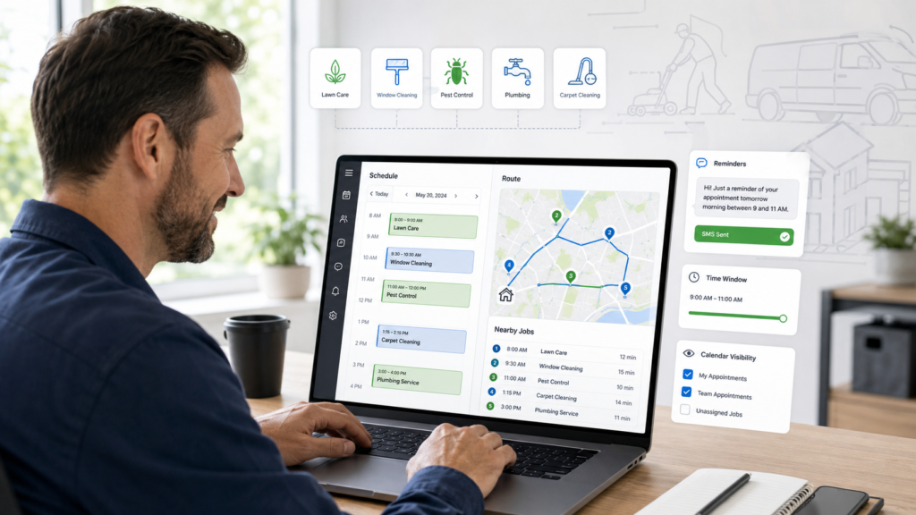 Service business owner using route-aware scheduling software to book nearby appointments and reduce drive time.
