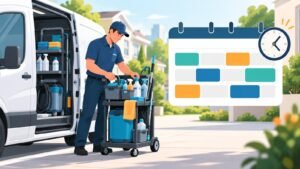 Illustration of a service technician loading equipment beside a van and a calendar with gaps between appointments