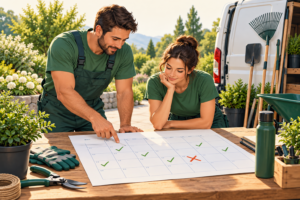Landscaping team reviewing a calendar with one day crossed out beside a work van and garden tools