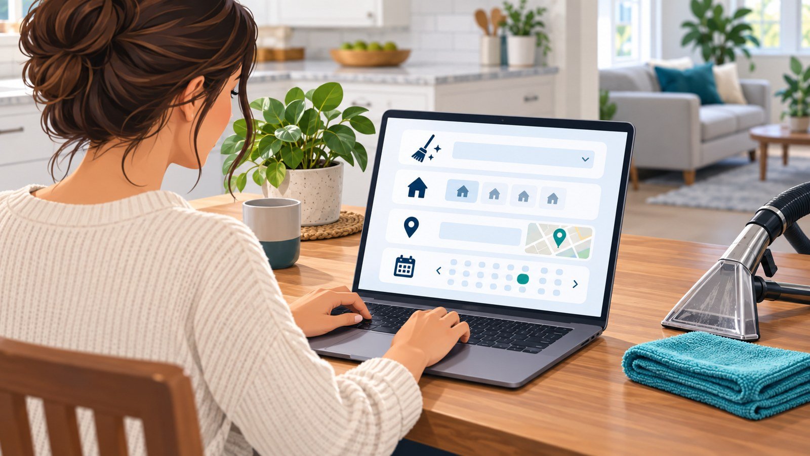 Illustration of a homeowner completing a service booking form on a laptop with service, location, and calendar icons