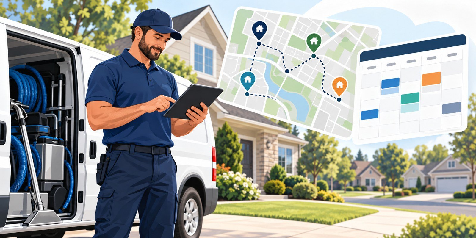 Illustration of a carpet cleaner reviewing a neighborhood map and appointment calendar beside a service van
