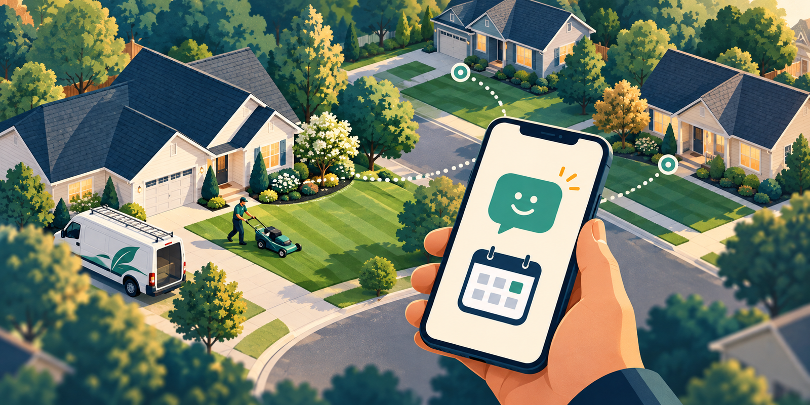 Illustration of a lawn service crew working near neighboring homes, with a phone showing message and calendar icons