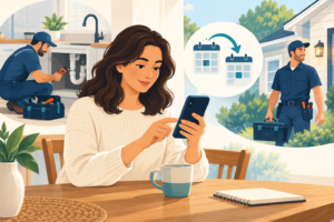 Illustration of a customer using a phone to change a service appointment, with calendar symbols, a plumber and an electrician